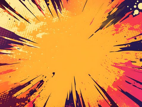 アメコミ風の集中線と爆発ハーフトーン・飛び散るペイントと鮮やかなオレンジ&times;ピンクがインパクト抜群のポップアート抽象背景素材