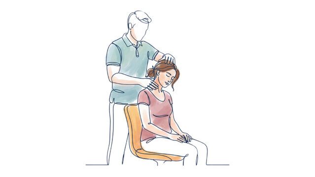 Continuous Line Art Male Physical Therapist Performing Head Massage on Female Patient, Healthcare Vector Illustration