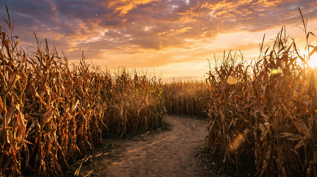 Path leading through tall dry corn maze field under dramatic autumn sunset sky with copy space