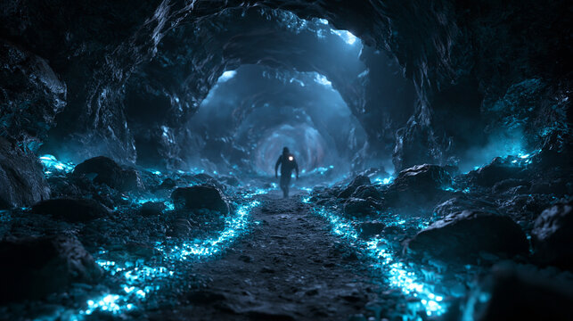 Explorer Walking Through Glowing Bioluminescent Underground Cave