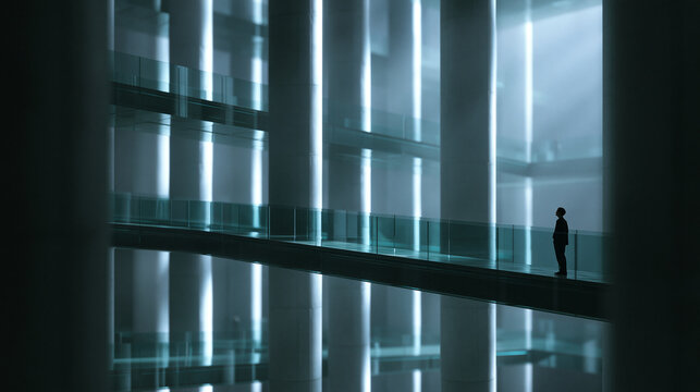 Businessman Standing on Walkway in Modern Futuristic Architecture Interior