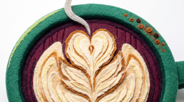Close-up of felt latte art in a green mug with purple background  