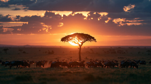 Acacia Tree and Wildebeest Herd at Sunset in African Savanna