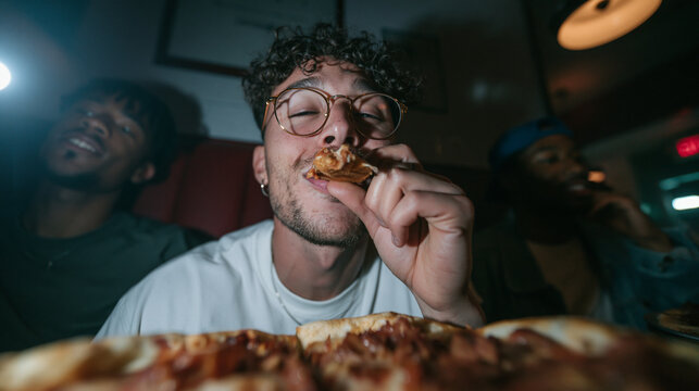 Young Friends Enjoying Delicious Pizza at Night Restaurant