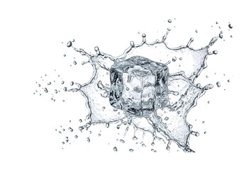 Fototapeta premium Clear Ice Cube Falling Into Water Splash Effect
