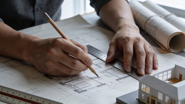Close-up of hands sketching architectural floor plan with pencil and ruler