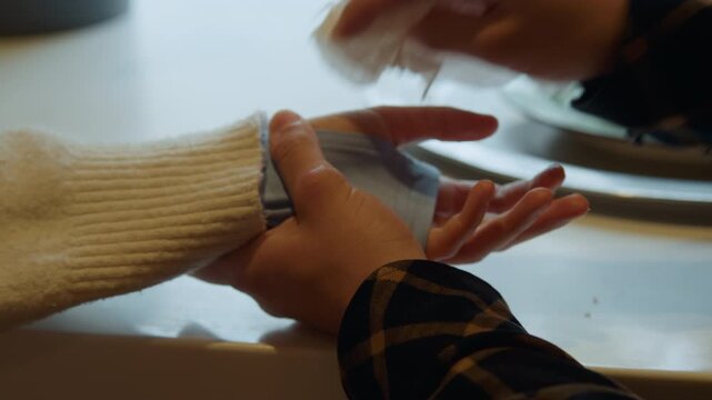Close up of young girl hand with injury receiving care from another girl. injured wrist is wrapped in bandage and covered by knit fabric as caregiver gently cleans it using tissue paper