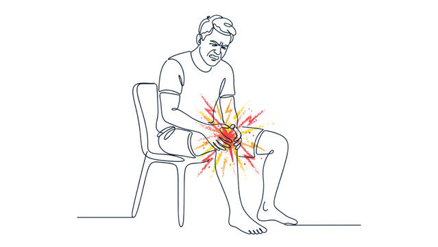 Continuous Line Art Male Patient with Knee Pain Holding His Knee, Medical Healthcare Vector Illustration