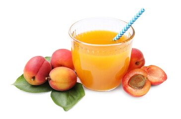 Apricot juice in glass, fresh fruits and leaves isolated on white © New Africa