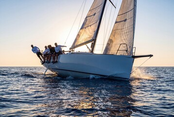Fototapeta premium Sailing yacht cruising at sunset with happy crew sitting on deck