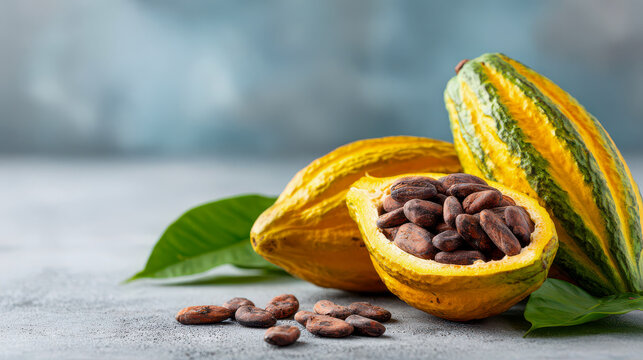 Cacao pod and seeds placed on a gray surface in a bright setting