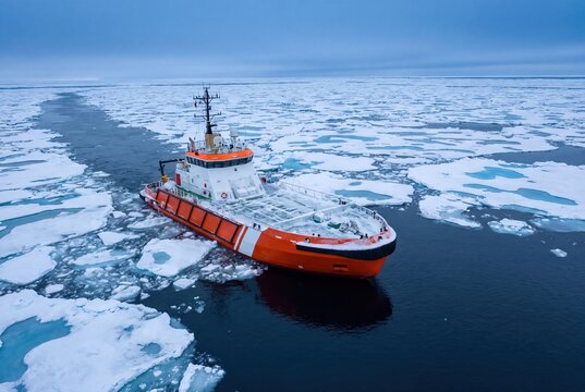 Icebreaker ship sailing through frozen arctic ocean with ice floes