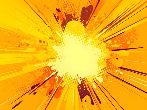 飛び散るペイントと放射状の集中線・アメコミ風の爆発とハーフトーンドットがインパクト抜群の黄色系ポップアート抽象背景素材