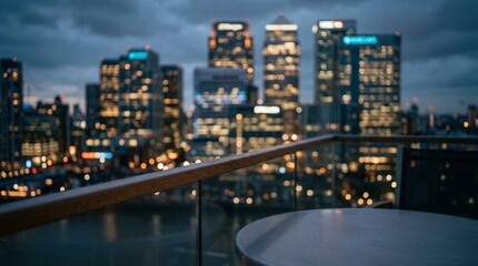 Fototapeta premium Rooftop balcony table overlooking blurred city skyline at night