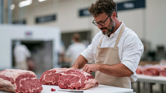 A Deaf butcher testing a new meat aging method in a busy urban cold storage facility, visible steam rising from a freshly opened curing chamber, a wide establishing shot showing