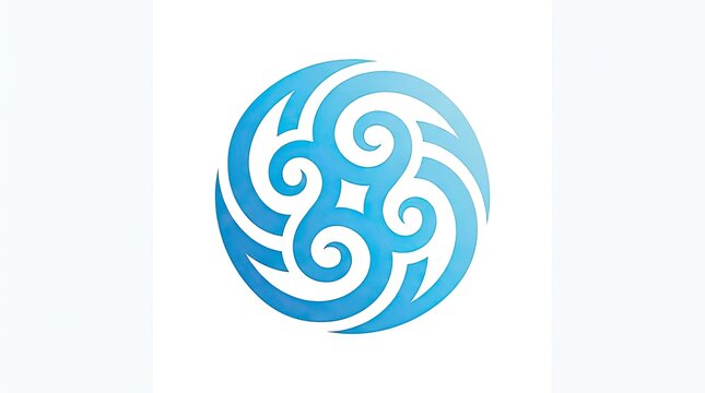 Blue circular tribal symbol with swirling patterns on white background