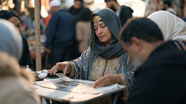 Fortune teller in elaborate embroidered robe surrounded by jostling street market crowd reading tarot cards at folding table while shoppers press close on all sides, her ornate