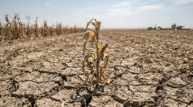 Dried corn stalk struggling in cracked farmland under drought