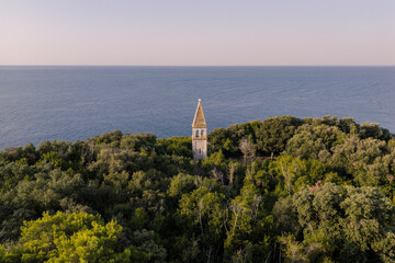 Aerial view of Remains Church of St. John on the island near town of Rovinj © Bokicbo
