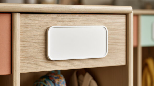 Preschool cubby name tag mockup with blank label on wooden classroom storage
