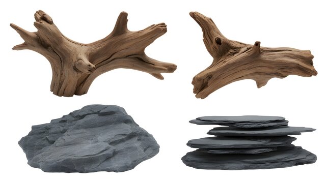 Aquarium decoration set with driftwood pieces and dark rocks aquarium ornament