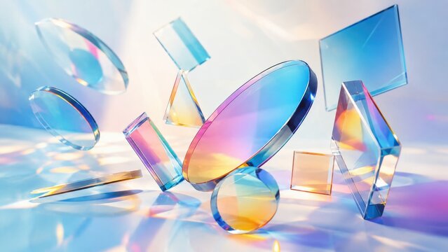 3D Abstract Floating Glass Prism Shapes with Rainbow Refraction Light Effects Background. Concept of future, dispersion, geometric background. Copy space.