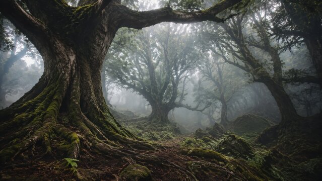 Ancient misty forest with giant mossy trees mysterious woodland landscape dark enchanted nature scene misty jungle atmosphere. Concept of foggy, mysterious woods, fog.