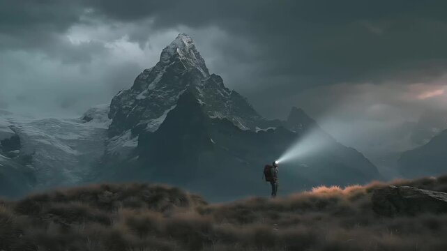 A dramatic landscape photograph captures a solitary figure standing on a grassy hill, gazing at a towering, snowcapped mountain peak. The sky is filled with dark, stormy clouds, and the sun casts a.