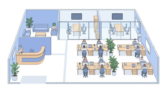Elegant Modern Office Layout with Blue Themed Workspaces Desks Plants and Glass Partitioned Meeting Areas