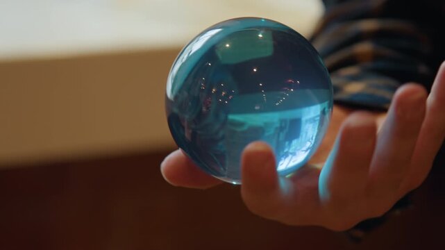 Close up of hand holding and gently rotating blue glass sphere reflecting light patterns. subject fingers are visible with natural skin tone nails against indoor background with soft