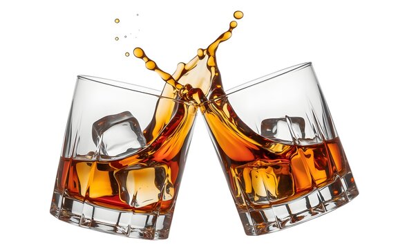 Two crystal whiskey glasses clinking together with ice cubes and liquid splash