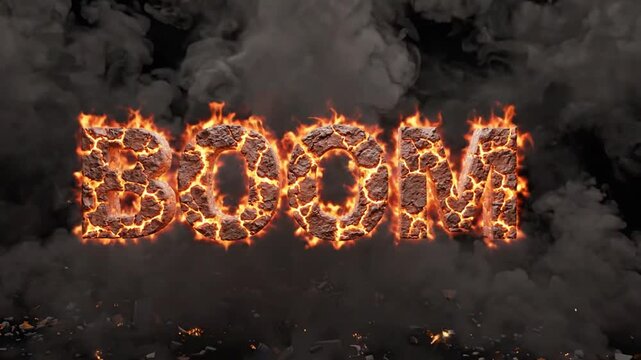 The word BOOM written in burning lava letters surrounded by dark smoke.
