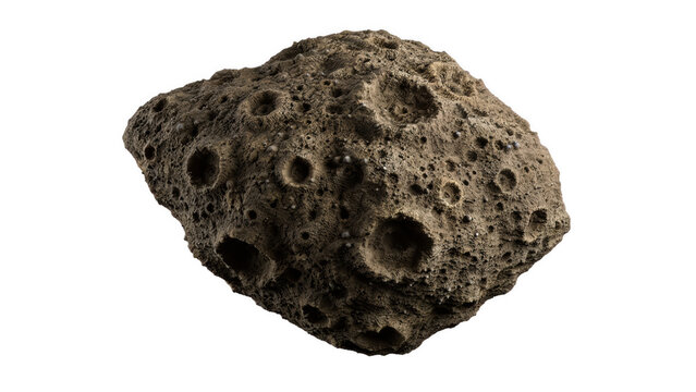 Cratered asteroid rock against a bright studio light conceptualizing space exploration and celestial bodies isolated on transparent background