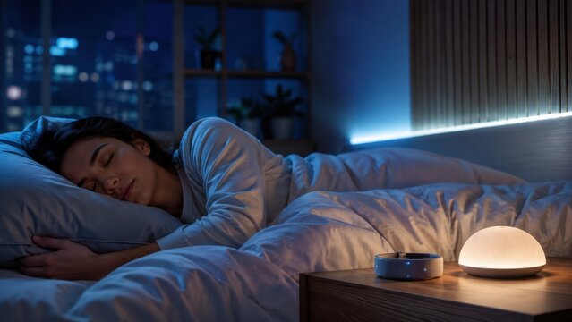 Young woman sleeping peacefully in cozy modern bedroom with smart lamp glowing at night. Concept of health, technology, smart speaker, smart home.