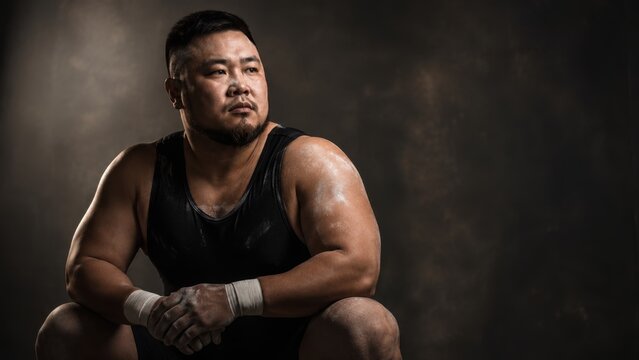 Asian weightlifter sitting in chalk dusty sportswear preparing for intense fitness workout studio portrait. Concept of asian man, powerlifter, strong man, bodybuilder, athlete, athletic man.
