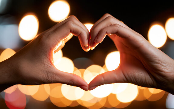 Hands forming heart shape with warm light background