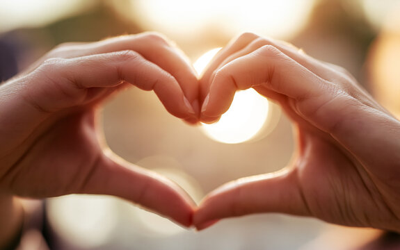 Hands forming heart shape with warm light background