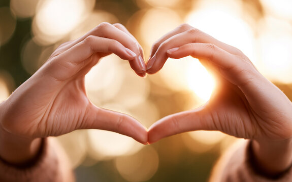 Hands forming heart shape with warm light background