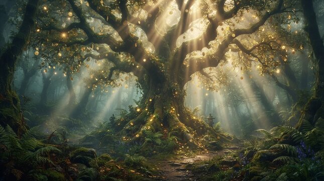 Ancient tree glowing with light rays in enchanted forest