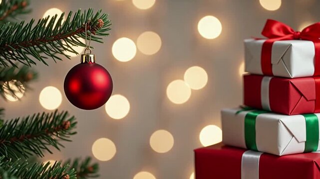 Banner view Christmas tree branch ornament t, cinematic lighting, shallow depth field, bokeh background, copy space