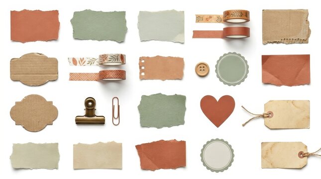 Scrapbooking elements and decorative craft supplies, creative paper crafting collection arranged as flat lay on white background for DIY design projects