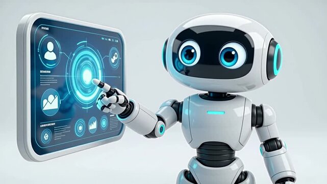 friendly humanoid AI robot large expressive eyes waving poi, cinematic lighting, shallow depth field, bokeh background, copy space