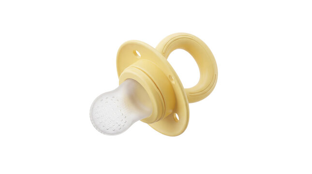 Yellow silicone baby pacifier, modern infant soother on white background, orthodontic newborn dummy for nursery care and parenting