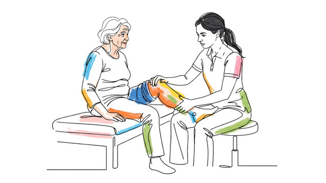 Continuous Line Art Physical Therapist Treating Elderly Woman&rsquo;s Injured Knee, Physiotherapy Healthcare Vector Illustration