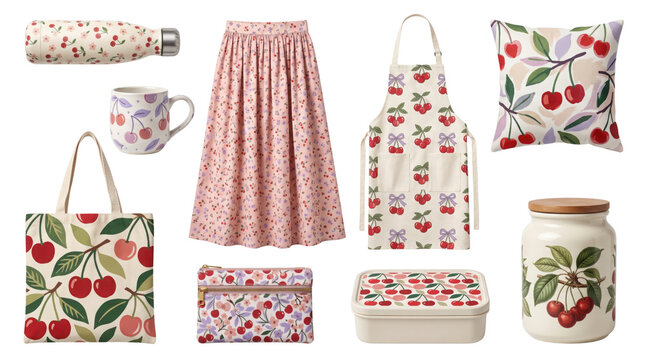 Vintage cherry pattern lifestyle collection, red fruit print kitchenware and apparel set, summer botanical home accessories
