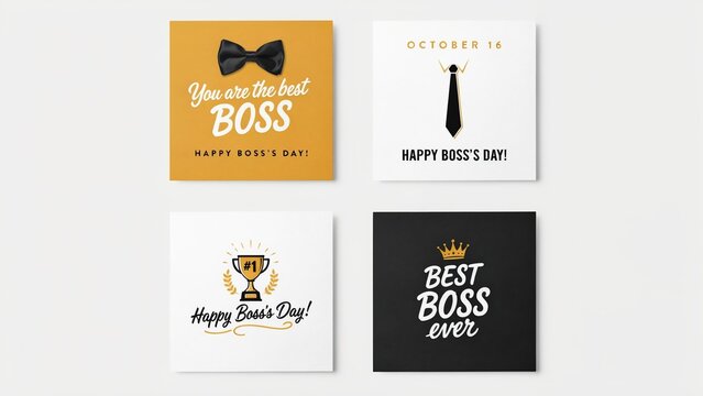 Happy Boss's Day greeting cards set, professional best boss ever appreciation notes, corporate celebration stationery with bow tie and trophy icons, October 16 event