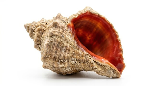 Textured brown seashell with glossy red interior, detailed marine shell specimen isolated on white background for ocean, nature and coastal concepts