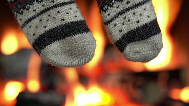 Close up pair wool socks hung fireplace toes sl, cinematic lighting, shallow depth field, bokeh background, copy space