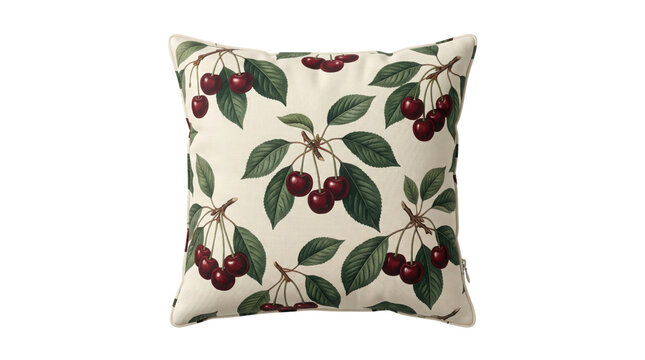 Vintage cherry pattern throw pillow, botanical fruit print cushion, decorative cream textile for home interior design