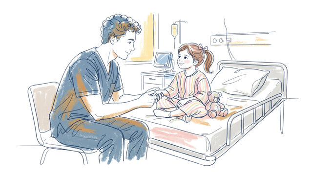 Continuous Line Art Male Nurse Holding Girl Patient Hand on Hospital Bed, Caring Pediatric Healthcare Vector Illustration